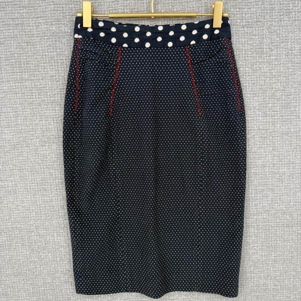 Rockabilly Baraschi Polka Dot Pencil Skirt Women Sz 0 Navy Red Contrast Stitch